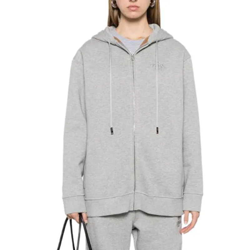 FENDI Logo Embroidered Zip Up Drawstring Hoodie-2
