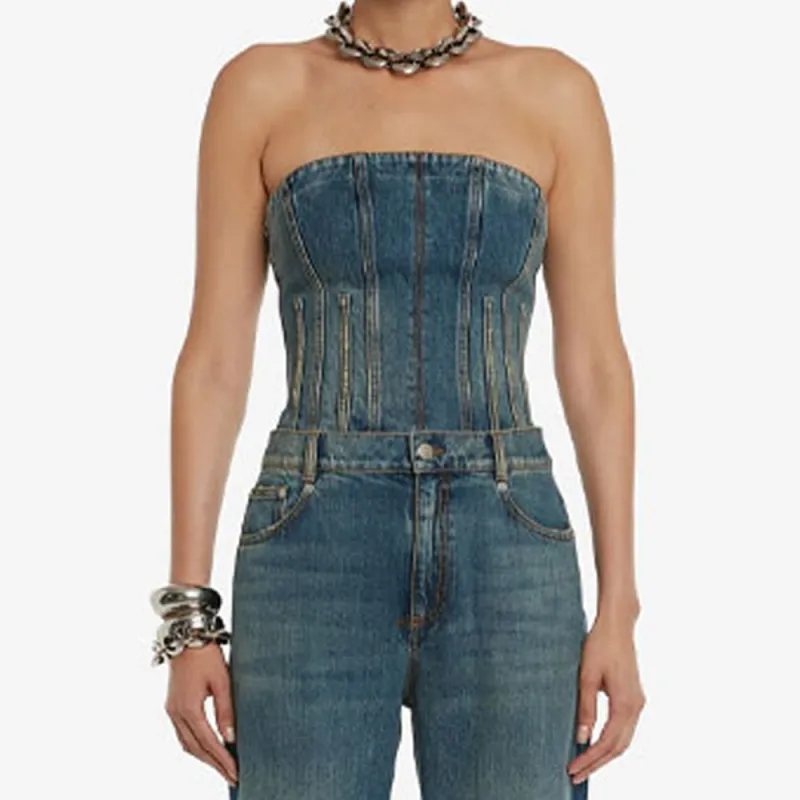 Alexander McQueen Bustier Denim Top-7