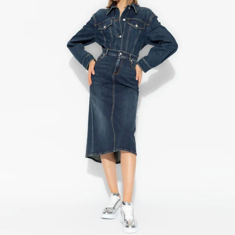 Alexander McQueen Log Patch Denim Midi Skirt-1
