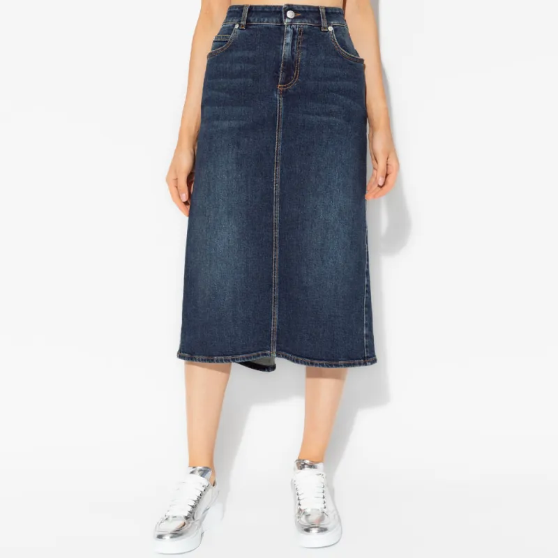 Alexander McQueen Log Patch Denim Midi Skirt-2