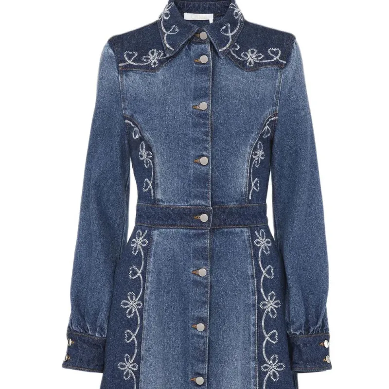 Chloé Embroidered Denim Shirt Dress-4