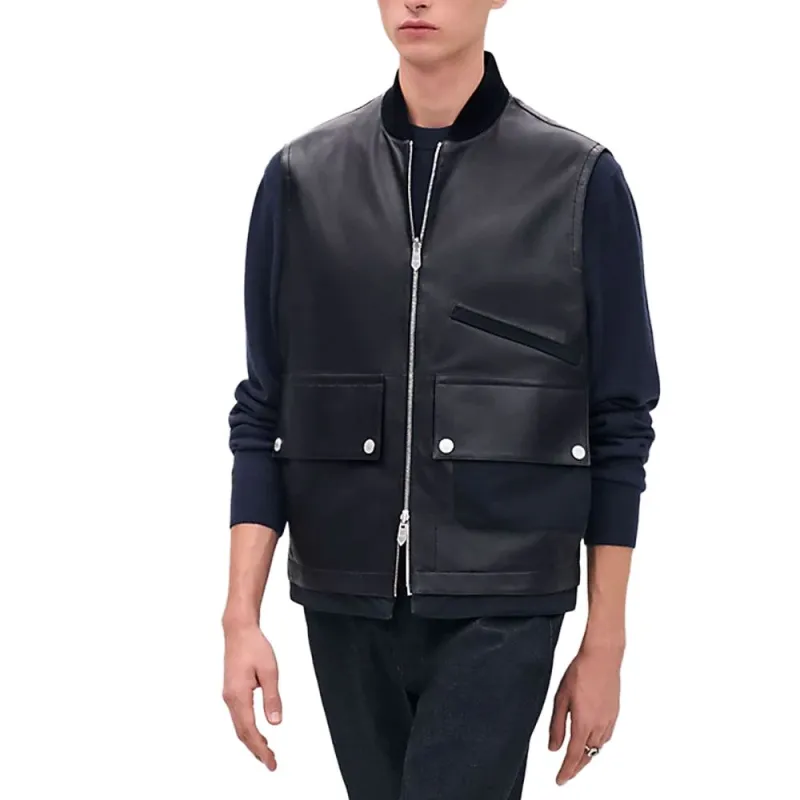 HERMES Leather Jacket Men's Black-1