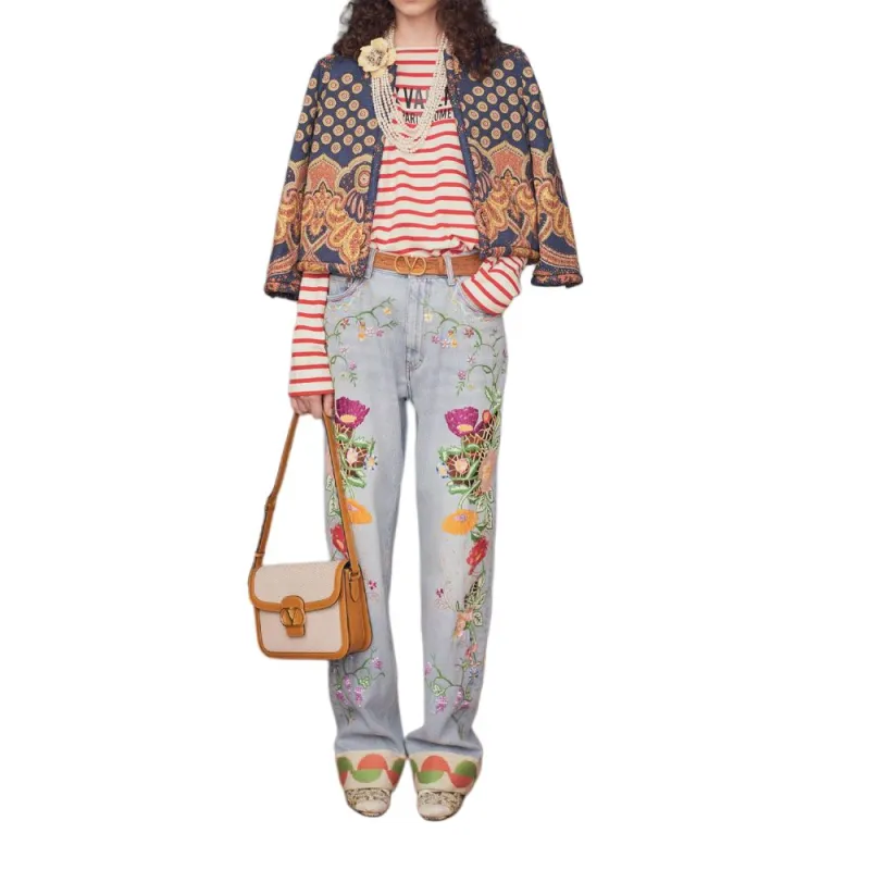 Valentino Floal Embroidered Tapered Jeans 'Denim Blue'-1