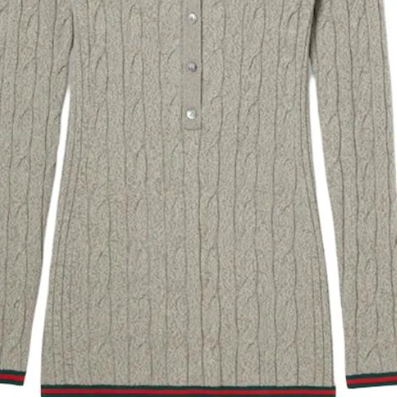 GUCCI Fine Cable And Rib Wool Polo Top 'Dove Grey'-4