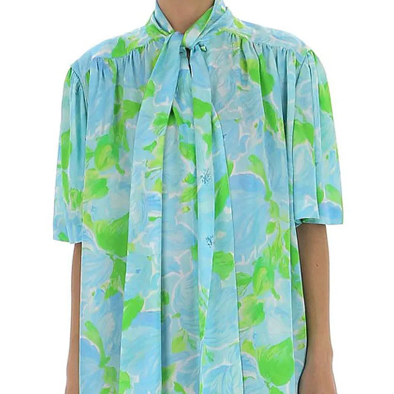 Balenciaga Short Sleeve Scarf Blouse 'Blue/Green'-4