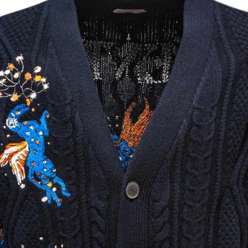 Valentino Navy Blue Utopia World Wool Cardigan Sweater Men's Blue-5