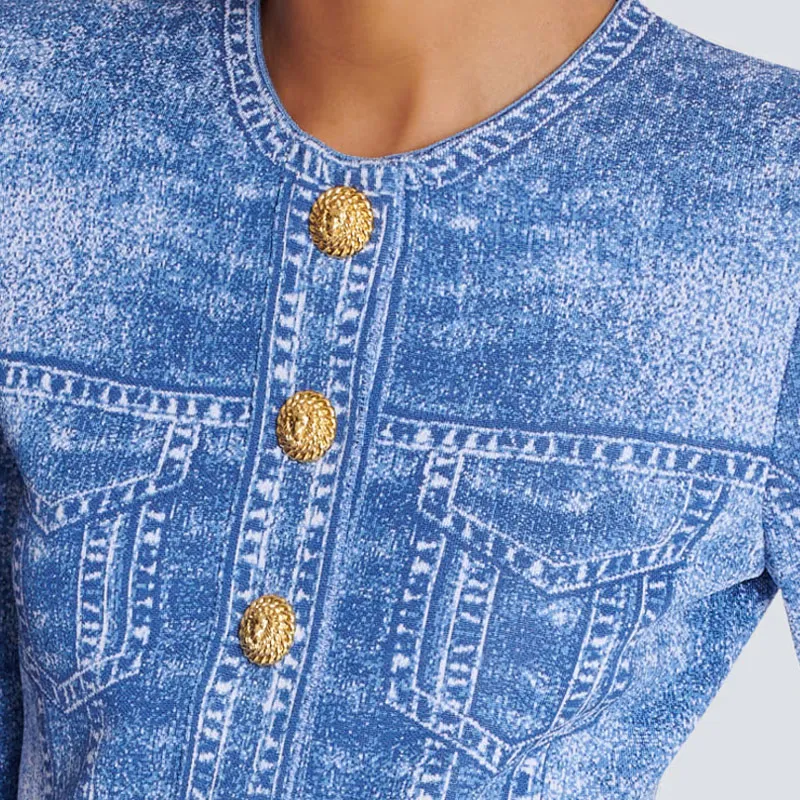 BALMAIN Denim Effect Logo Detailed Knitted Cardigan-5