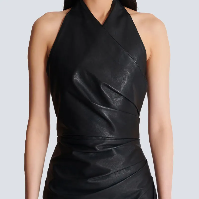 BALMAIN Draped Leather Mini Dress-4