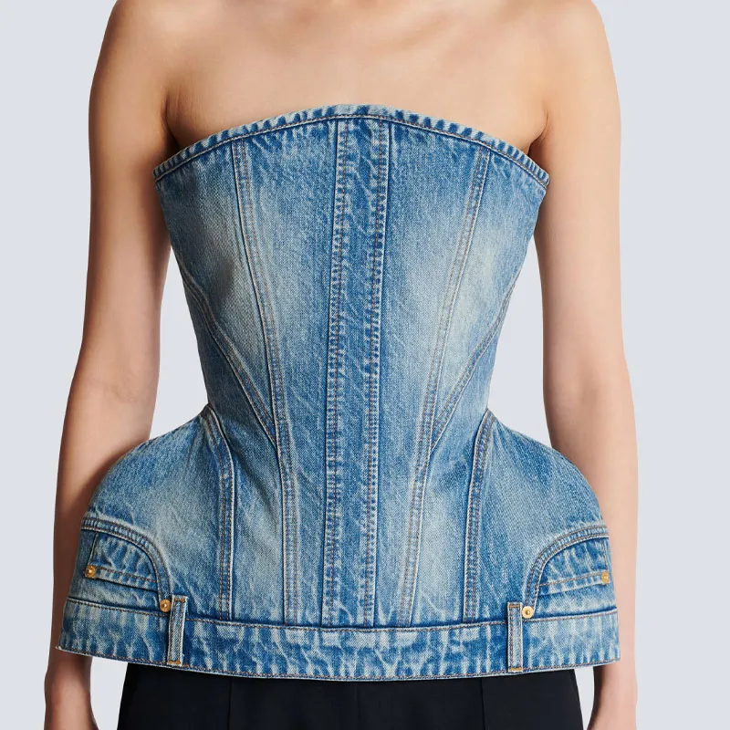 BALMAIN Bustier style Denim Top-4