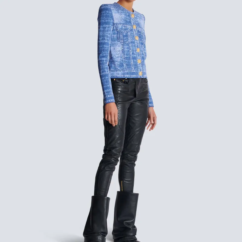 BALMAIN Denim Effect Logo Detailed Knitted Cardigan-3