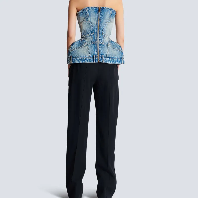 BALMAIN Bustier style Denim Top-2