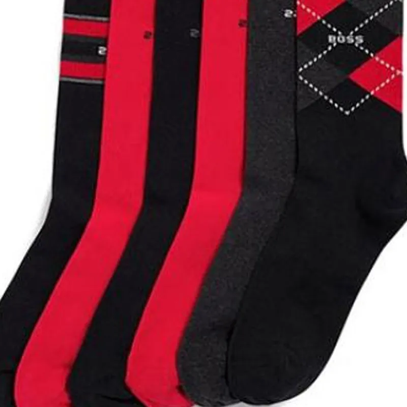 HUGO BOSS SS23 Knee-High Socks Men's 6 Pack Black+Deep Red+Red+Red+Black+Black-1