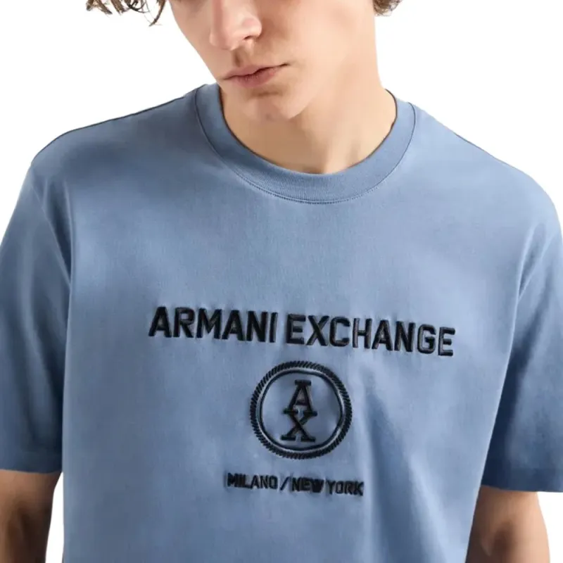 ARMANI EXCHANGEAE Letter Logo Embroidered Crew Neck Short Sleeved T Shirt T Shirt Men's Haze Blue-4