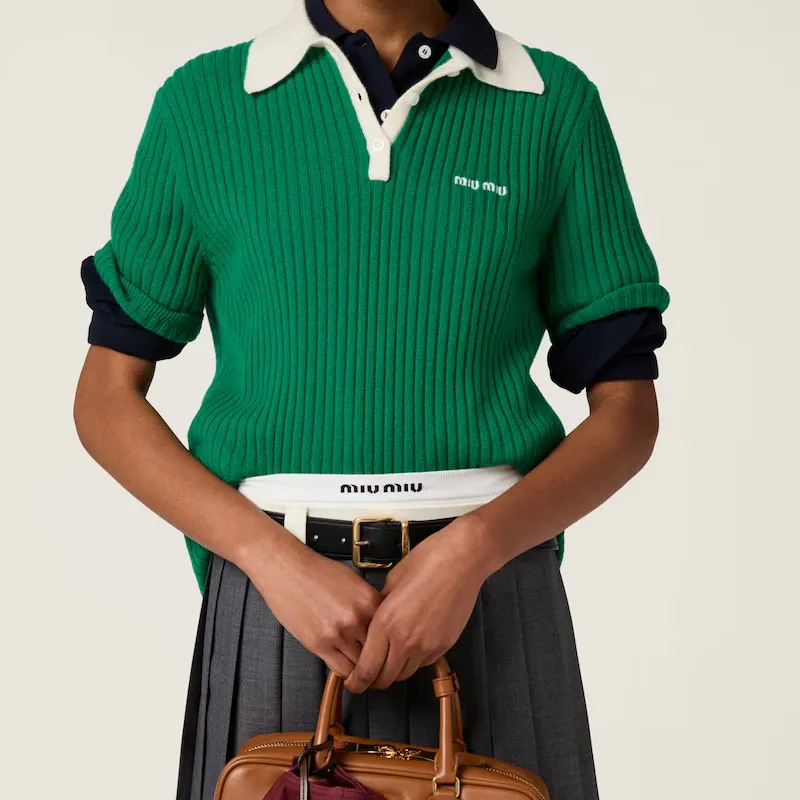 MIU MIU Ribbed Cashmere Polo Top-3
