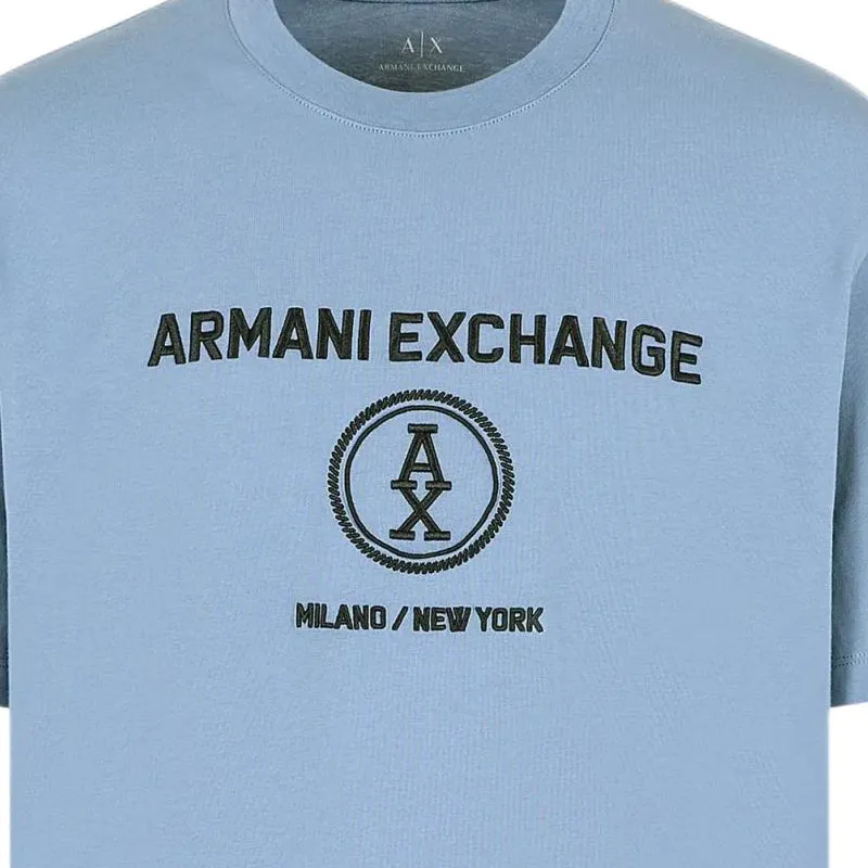 ARMANI EXCHANGEAE Letter Logo Embroidered Crew Neck Short Sleeved T Shirt T Shirt Men's Haze Blue-5