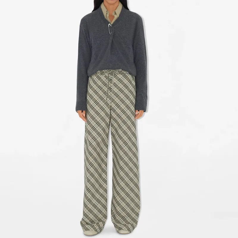 Burberry Checked Wide Leg Drawstring Trousers-1
