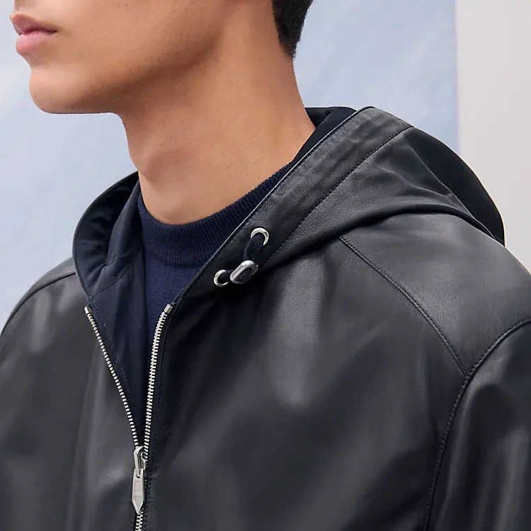 HERMES Leather Jacket Men's Black-3
