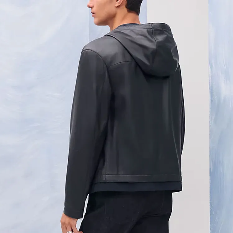 HERMES Leather Jacket Men's Black-2