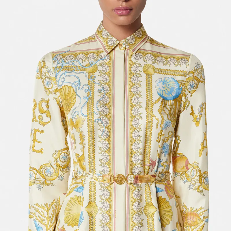 VERSACE Underwater Barocco Silk Midi Shirt Dress-4