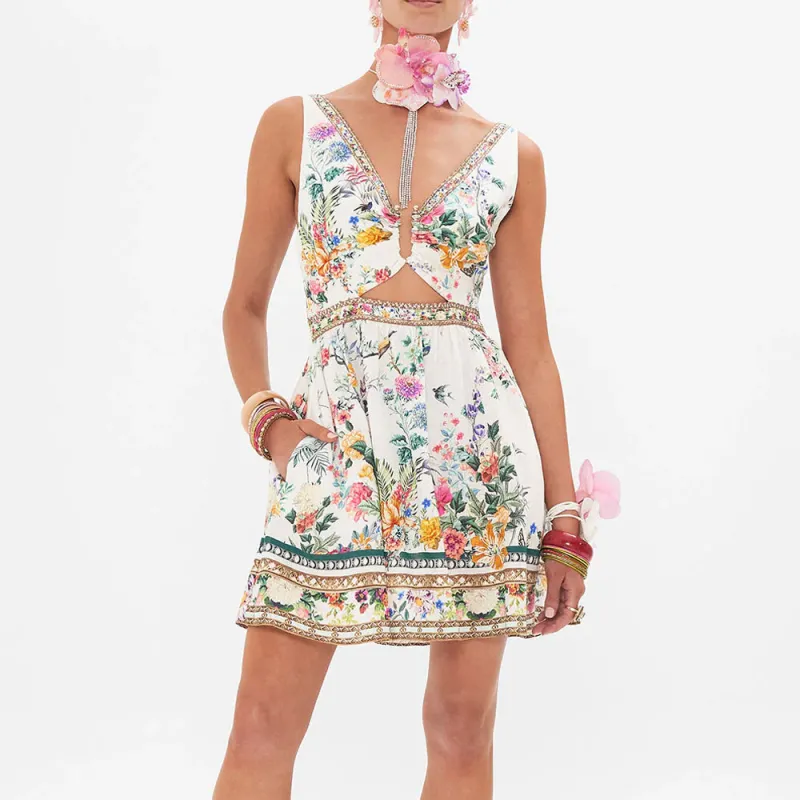 Camilla Cut out Floral Linen Minidress-2