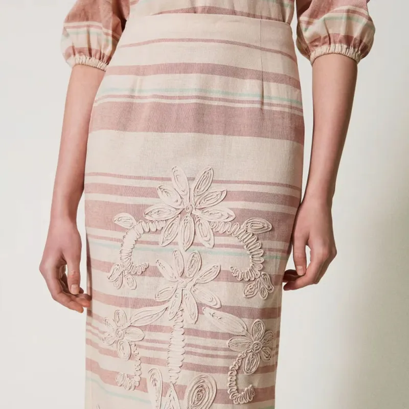 Twinset Embroidered Striped Pencil Skirt-4