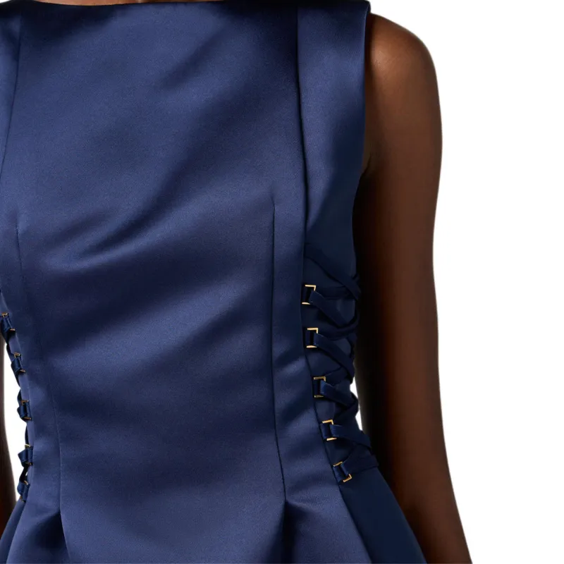 Elisabetta Franchi Boat Neck Duchess Satin Sleeveless Dress-5