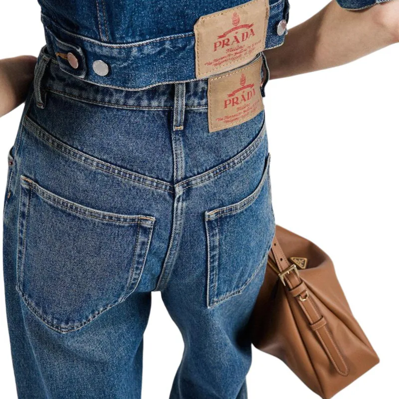 PRADA Logo Patch Wide Leg Jeans-4