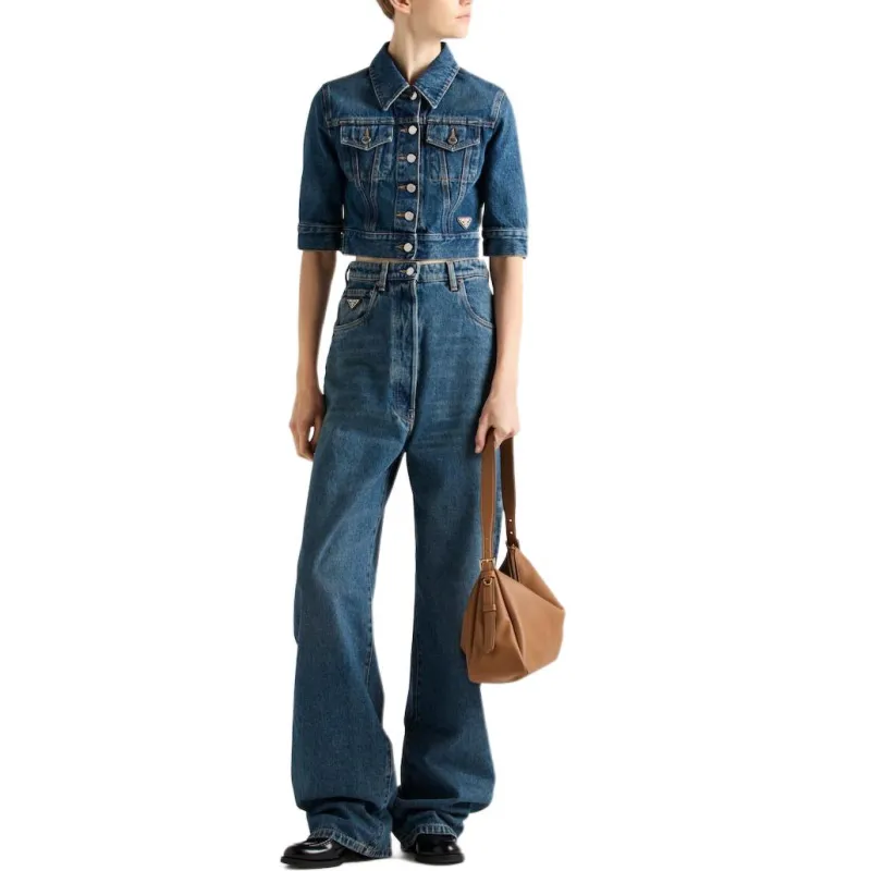 PRADA Logo Patch Wide Leg Jeans-1