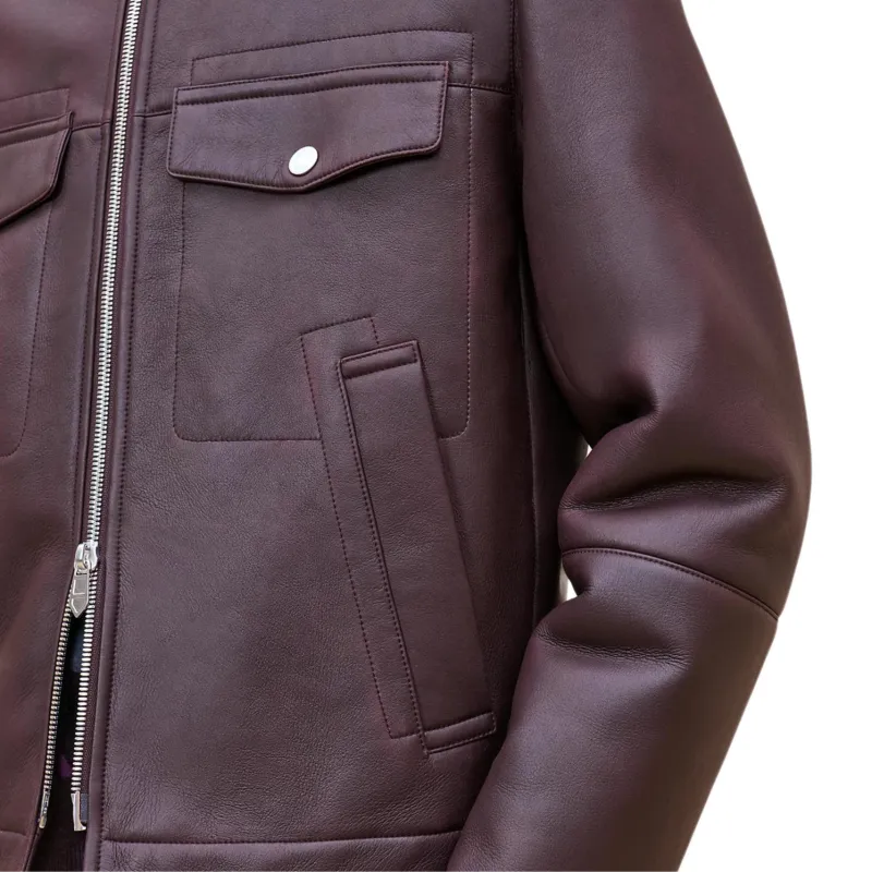 HERMES Leather Jacket Men's Red Brown-5