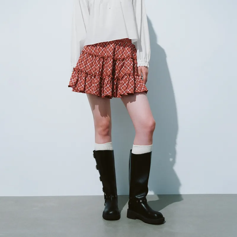 URBAN REVIVO Casual Short Skirts Women's Red Plaid-2