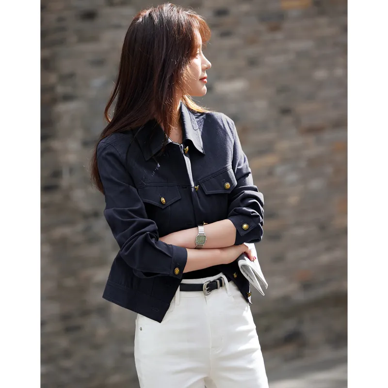 Mo Han Yi Mei Jackets Coats Women's Navy Blue-3