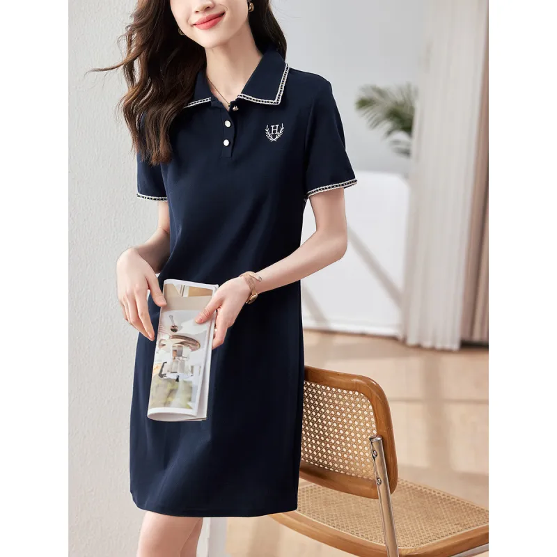 Mo Han Yi Mei Short Sleeved Dress Women's Navy Blue-0