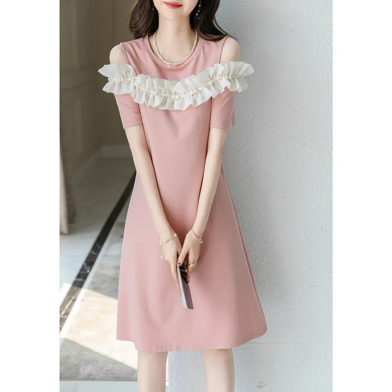 【dme】 Short Sleeved Dresses Women's Leather Pink-3