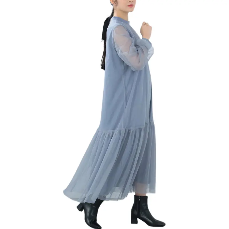 Beams Long Sleeved Dress Women's Gray Blue-3