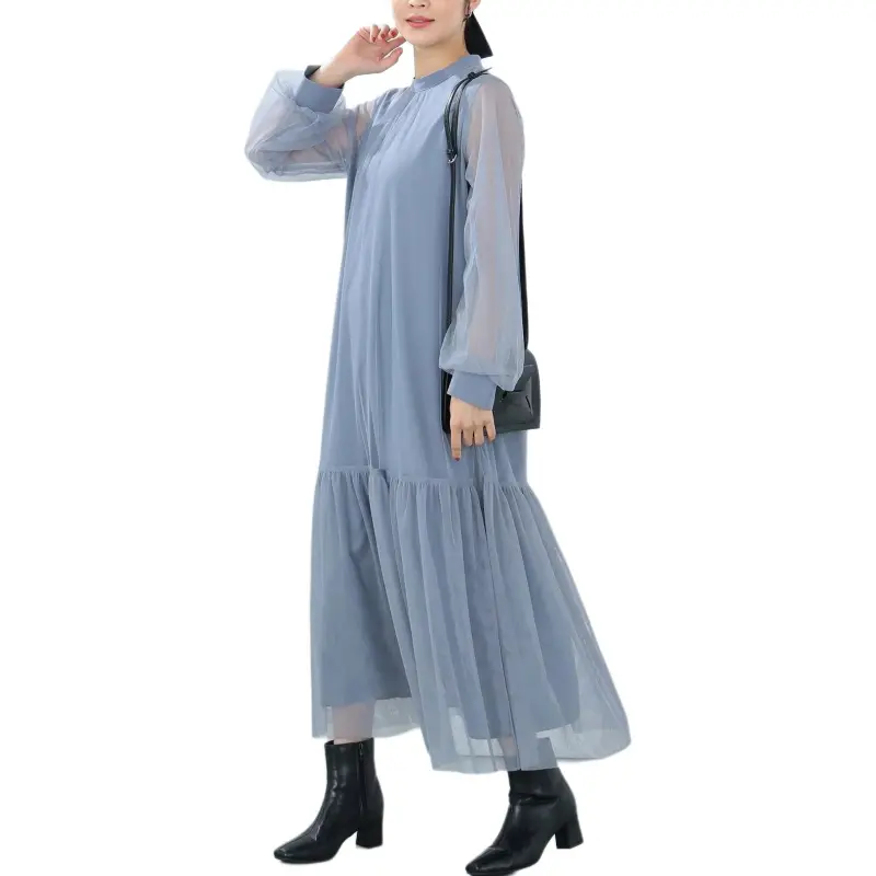 Beams Long Sleeved Dress Women's Gray Blue-2