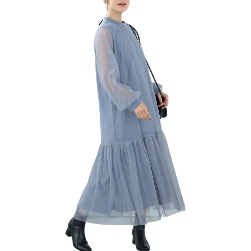 Beams Long Sleeved Dress Women's Gray Blue-4