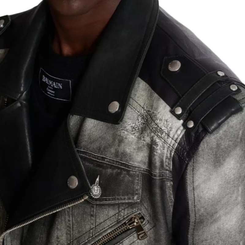 BALMAIN Denim Print Distressed Leather Biker Jacket-6