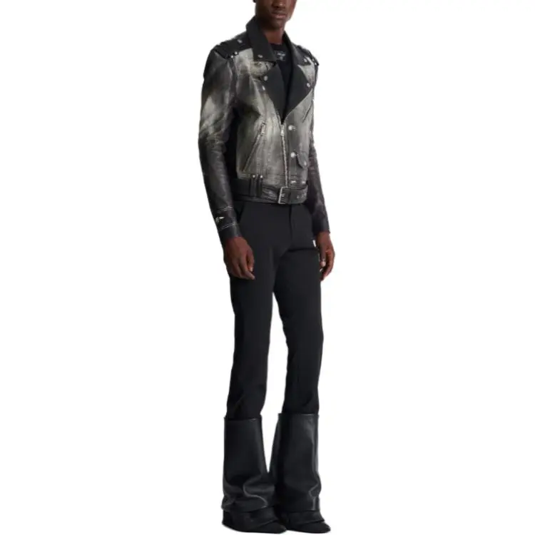BALMAIN Denim Print Distressed Leather Biker Jacket-3