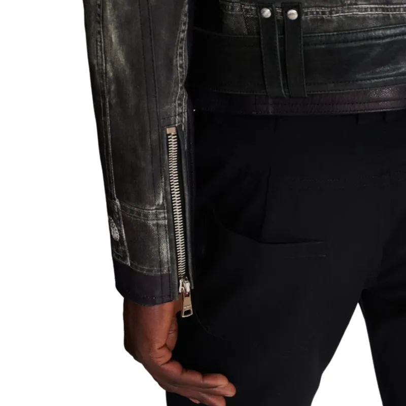 BALMAIN Denim Print Distressed Leather Biker Jacket-7