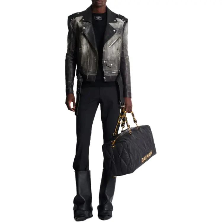 BALMAIN Denim Print Distressed Leather Biker Jacket-1