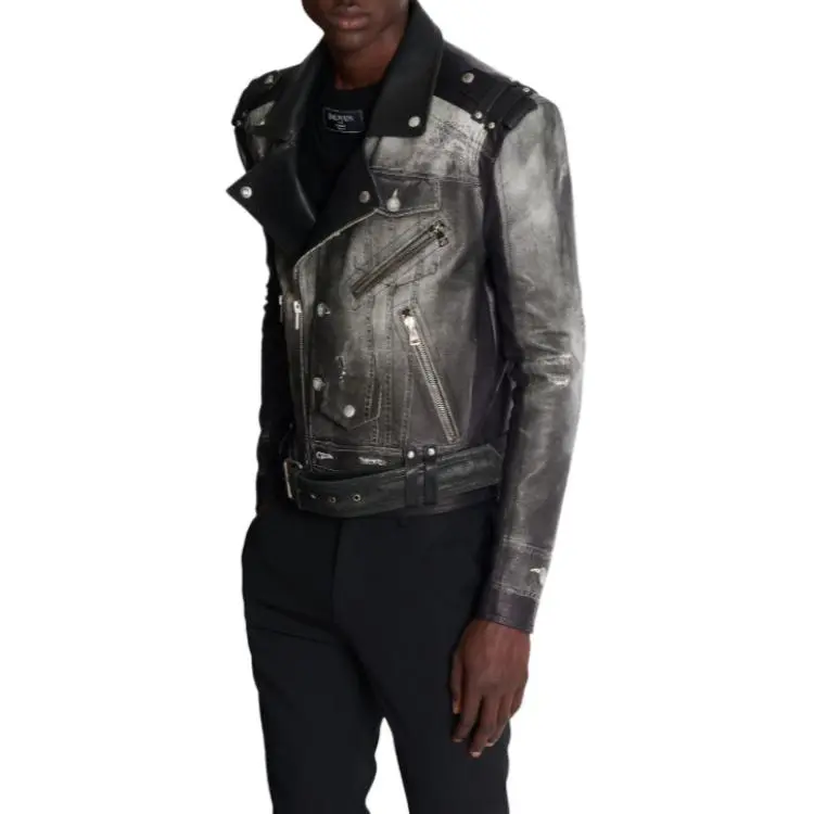 BALMAIN Denim Print Distressed Leather Biker Jacket-5