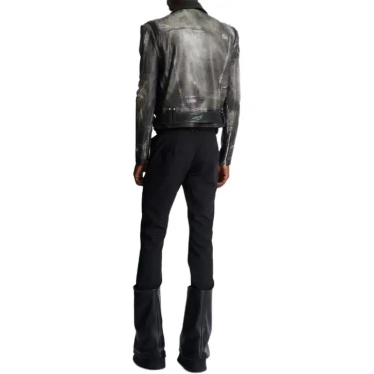 BALMAIN Denim Print Distressed Leather Biker Jacket-2