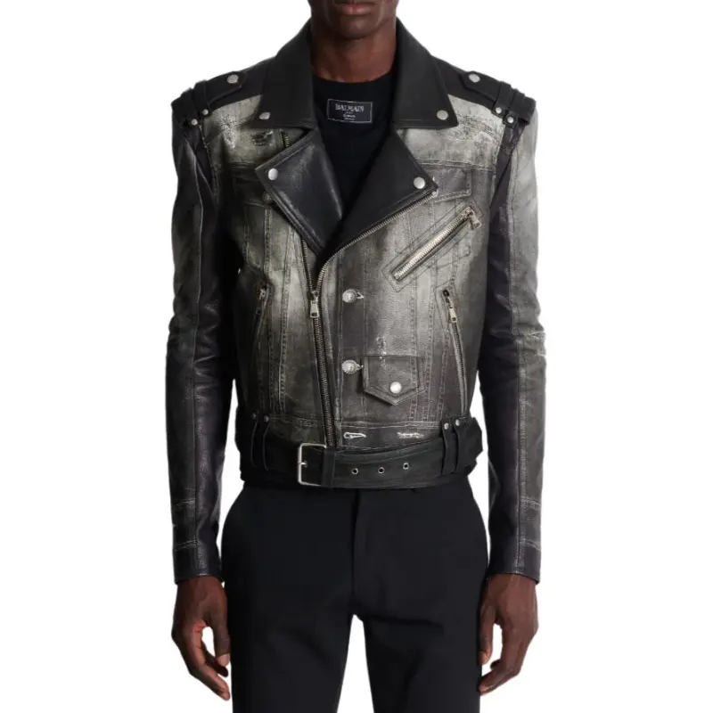 BALMAIN Denim Print Distressed Leather Biker Jacket-4