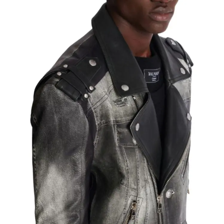 BALMAIN Denim Print Distressed Leather Biker Jacket-8