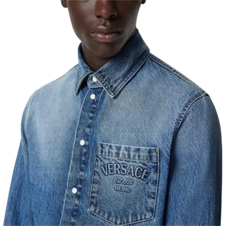 VERSACE Logo Embossed Button Up Denim Shirt-4
