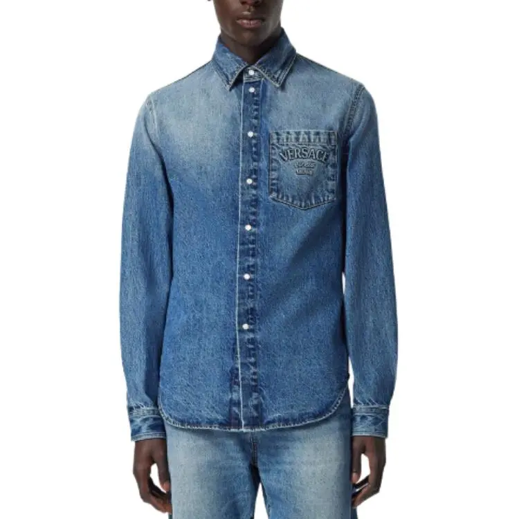 VERSACE Logo Embossed Button Up Denim Shirt-2