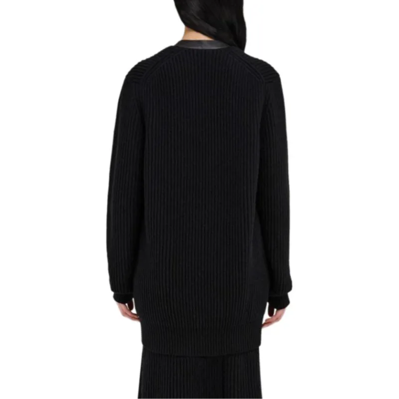 Ferragamo Leather Trimmed V Neck Cardigan-3