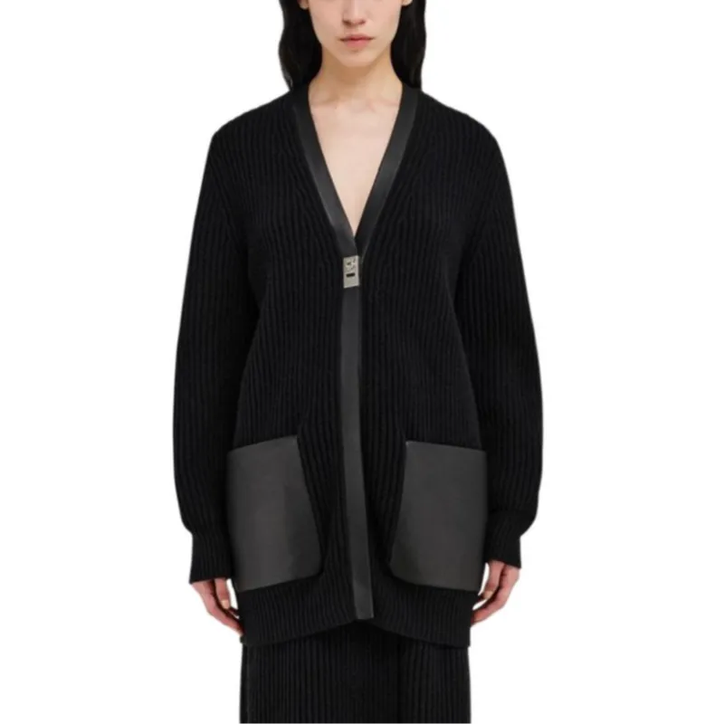 Ferragamo Leather Trimmed V Neck Cardigan-2