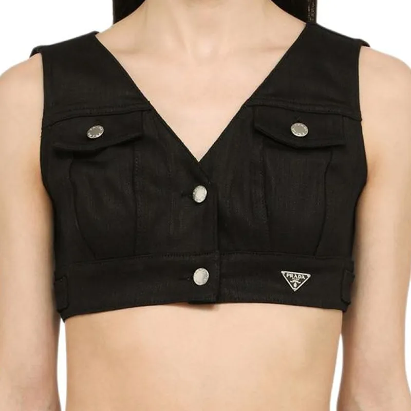 PRADA Triangle Logo Plaque V Neck Cropped Vest-4