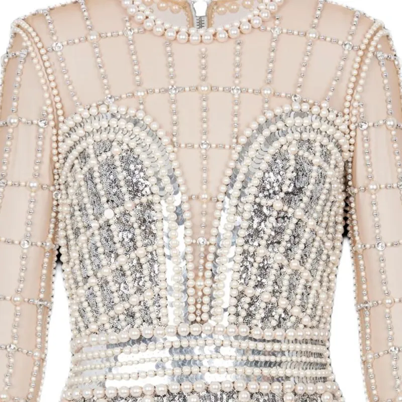 BALMAIN Pearl Embroidered Short Dress Long-Sleeved Dresses Women's Silver-5